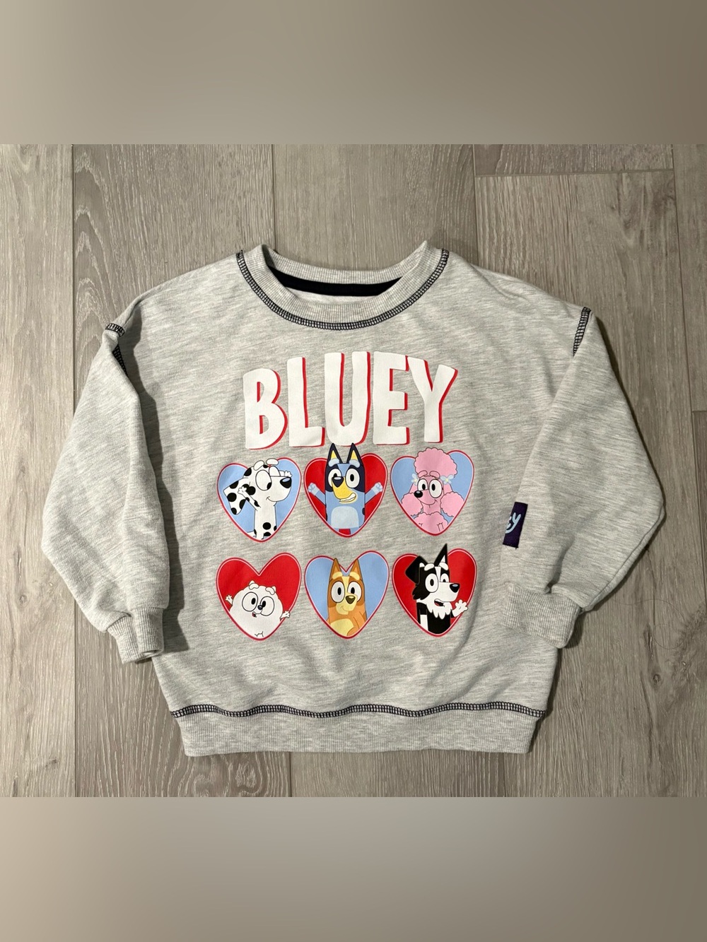 'Bluey' Crewneck Sweatshirt with Colorful Heart Characters. Size 4T